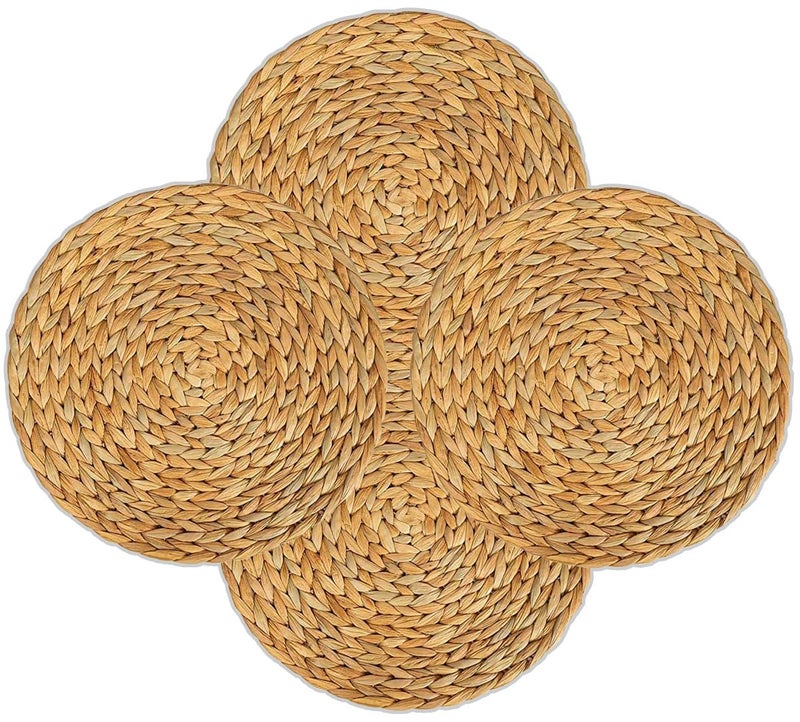 WENFOME 4 Pack Woven Placemats, Natural Water Hyacinth Weave Placemat Set Round Braided Rattan Tablemats Insulation Pads for Cooking and Baking (4, 13.5 Inch) - Image 1